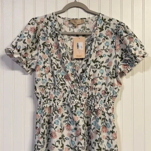 NWT GOGO Time To Bloom Floral White Cap Sleeve Midi Dress Ruched Tiered - Picture 2 of 9